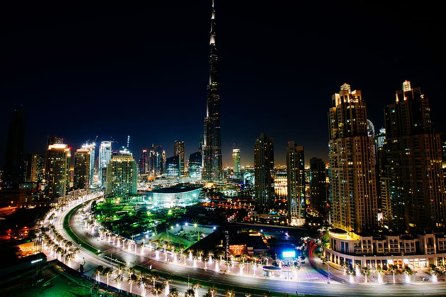 Dubai paisaje urbano, noche, centro, emiratos árabes unidos, -, Dubai, paisaje urbano, por la noche, noche con, Burj Khalifa