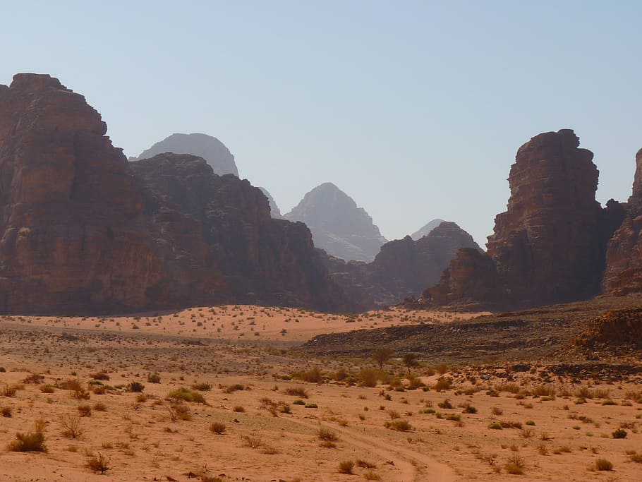 brown, grey, rock formation landscape, surrounded, beige, sands, Wadi Rum, Negev Desert, Jordan, negev