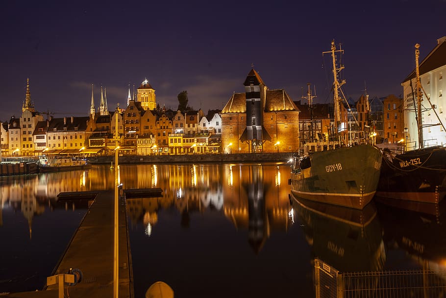 gdańsk, river, motlawa, night, evening, poland, architecture, tourism, city, old town