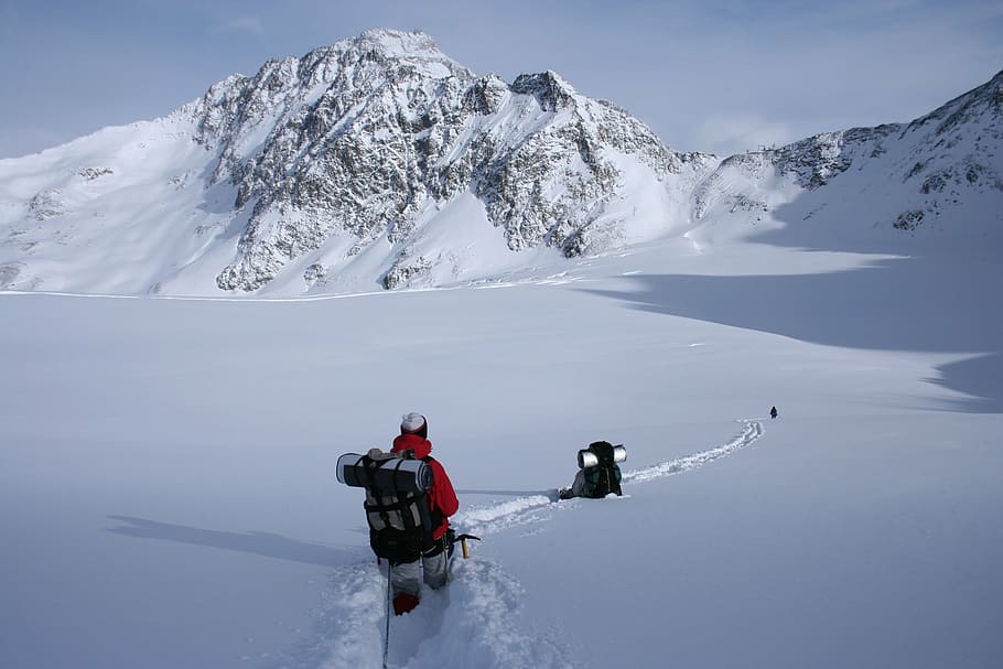 man, walking, snowy, ground, winter hike, snowy mountain, alps, hiking, wildspitze, remoteness