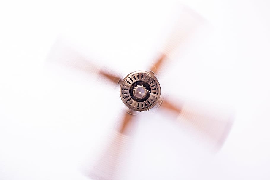 turned-on ceiling f, ceiling fan, fan, blow, metal, air, propeller, cooling, wind, air conditioning