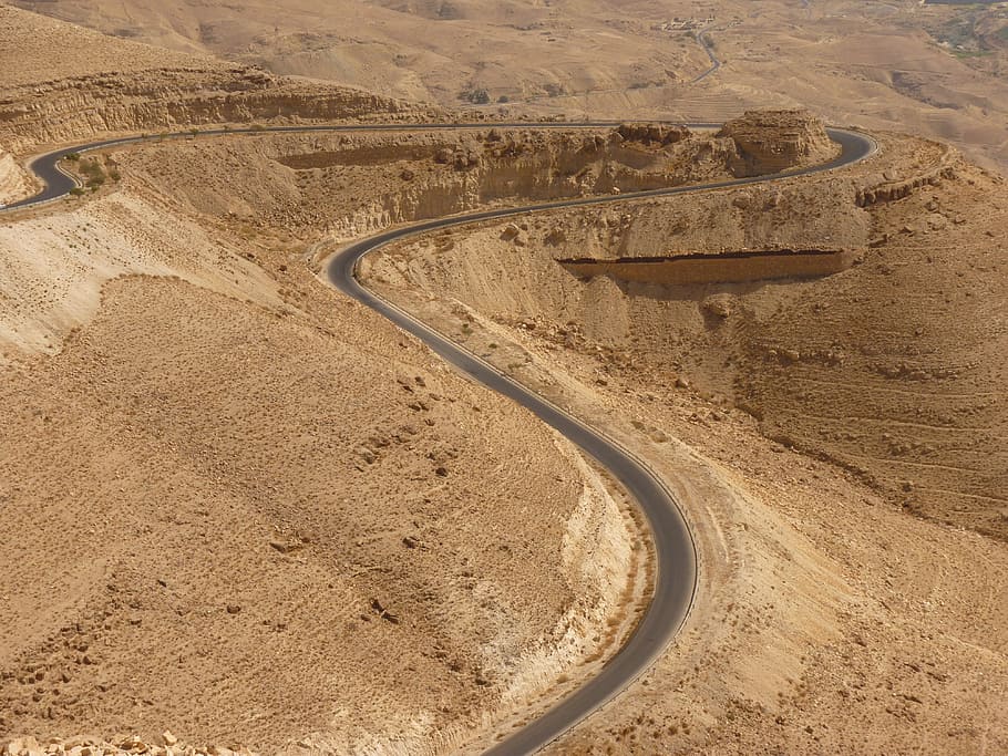 Wadi Mujib, Jordan, Holiday, Travel, middle east, desert, sand, landscape, road, curve