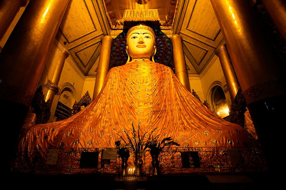 buddha statue, room, buddha, shwedagon, statue, golden, yangon-myanmar, the night, myanmar burma, pagoda