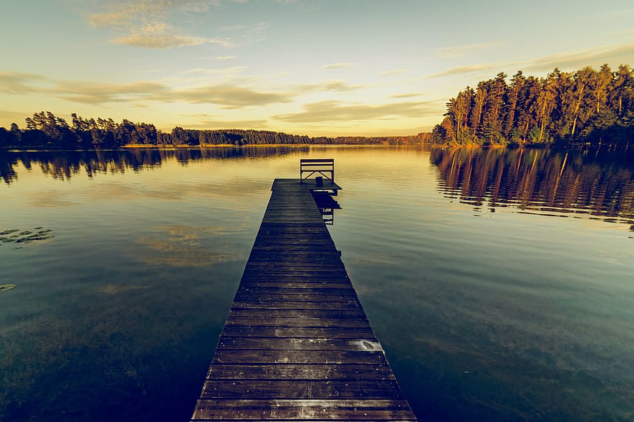brown, wooden, dock, lake, daytime, sky, reflection, water, clouds, summer