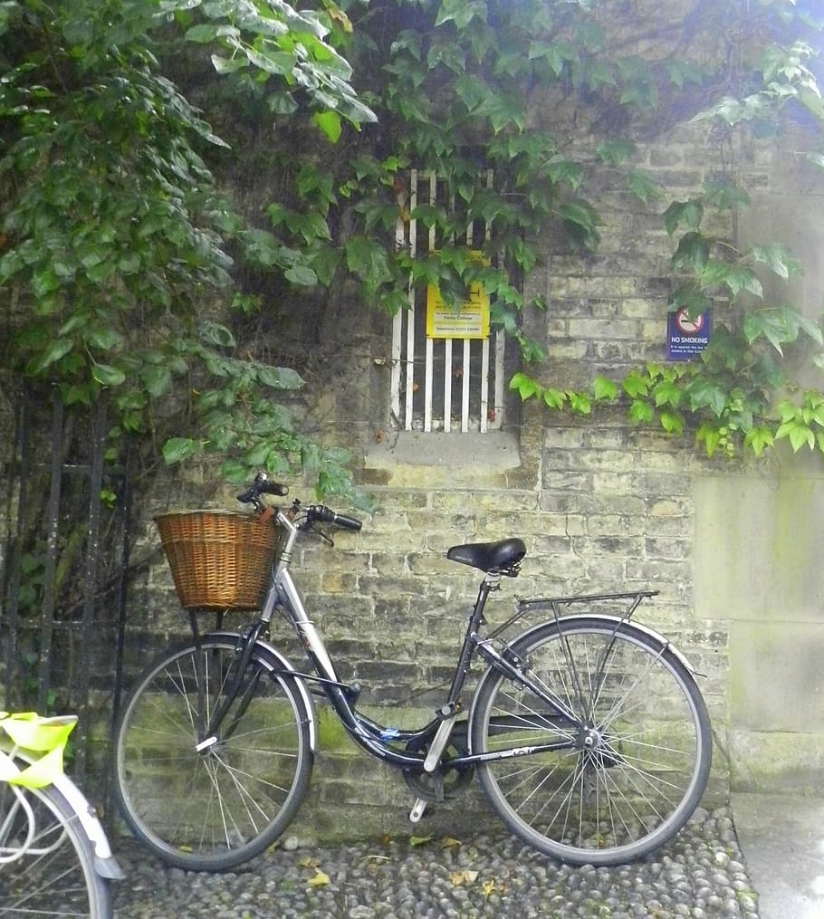 sepeda kota hitam, cambridge, dinding bata, bersandar, sepeda, hari hujan, hujan, cuaca hujan, abu-abu, di luar ruangan