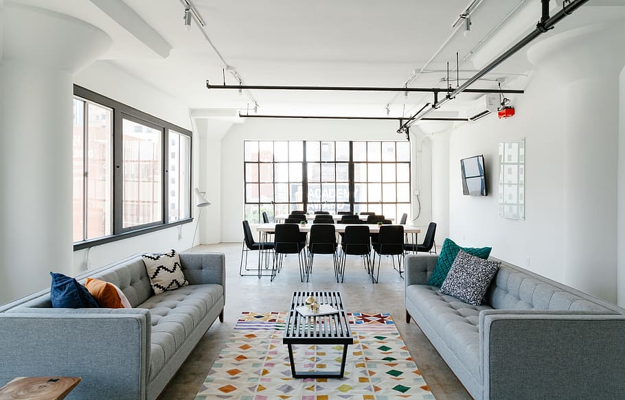 회색, 생활, 방, 세트, ​​내부, 디자인, 테이블, 의자, 화이트, 벽