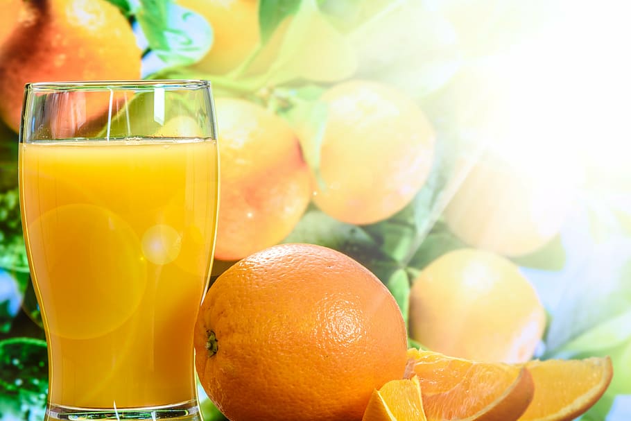 citrus, fruit, juice, orange juice, cup, tree, the background, green, fresh, glass