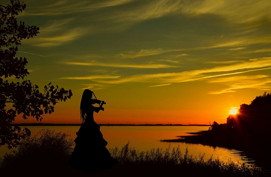 silueta, mujer, jugando, violín, al lado, agua, dorado, hora, violinista, puesta de sol