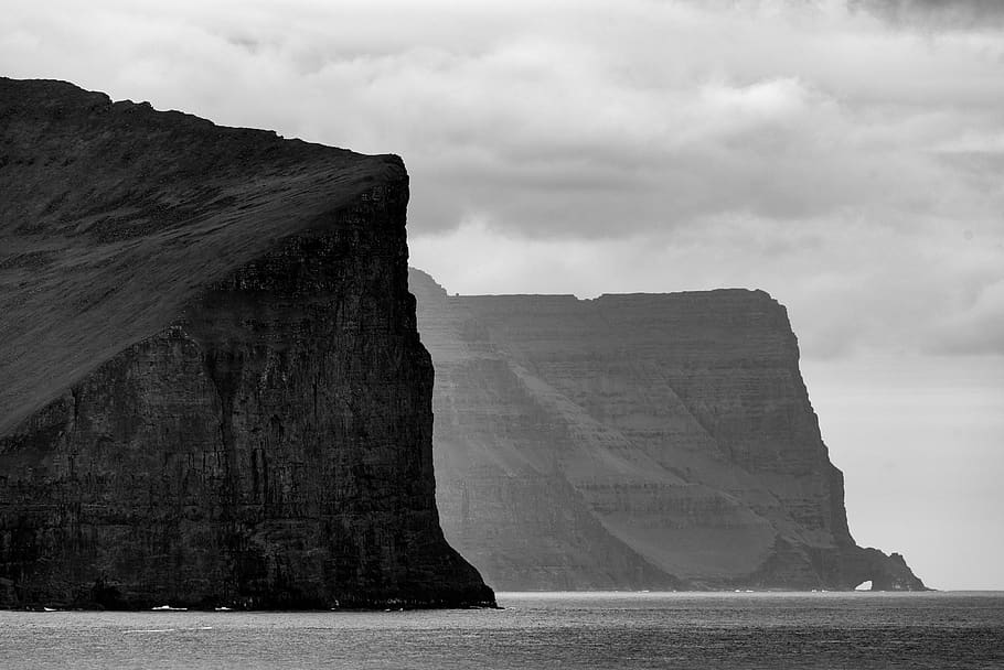 tall, ocean, cliffs, water, outdoors, nature, sky, clouds, mountains, black and white