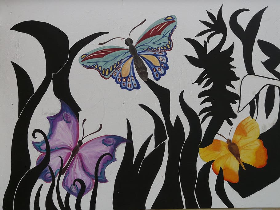 kupu-kupu, hewan, seni, lukisan, lukisan dinding, gambar, seni dan kerajinan, kreativitas, multi-warna, representasi