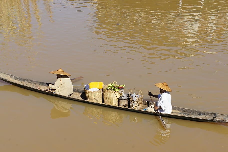 vietnam, asia, river, boot, vietnamese, rowing, mekong river, hat, water, high angle view