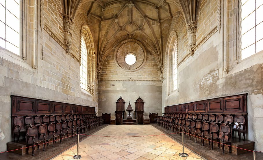convent of christ, castle of the knights templar, tomar, portugal, choir raised, stalls, church manueline, inside, architecture, church