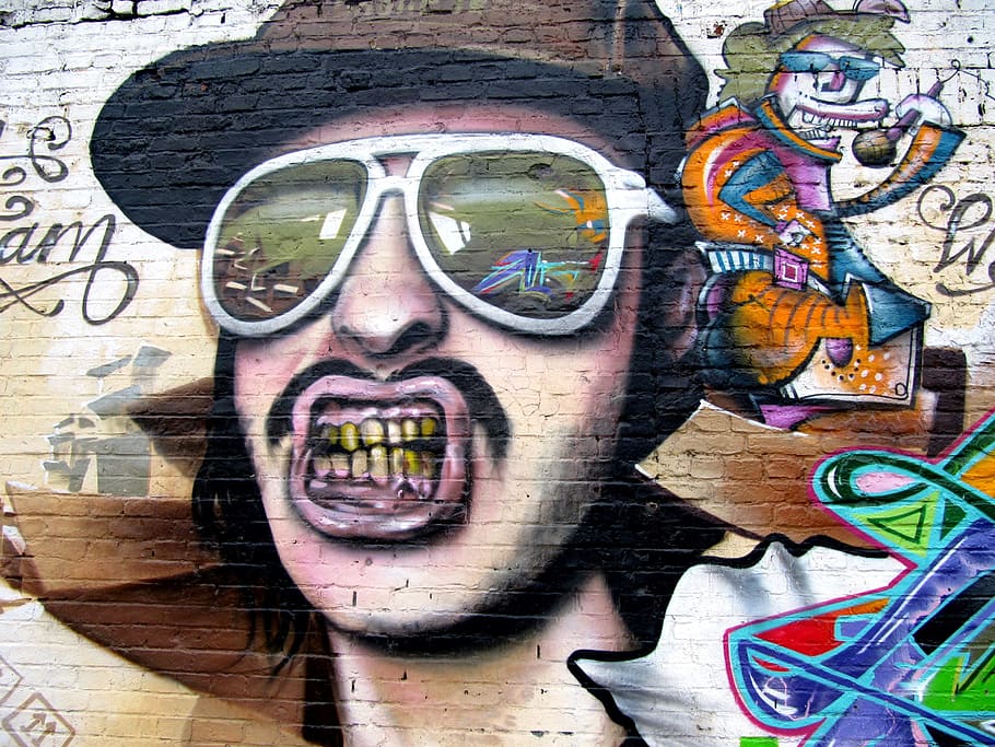 man, brown, cap, aviator sunglasses graffiti, aviator sunglasses, graffiti, berlin wall, wall, berlin, east side gallery