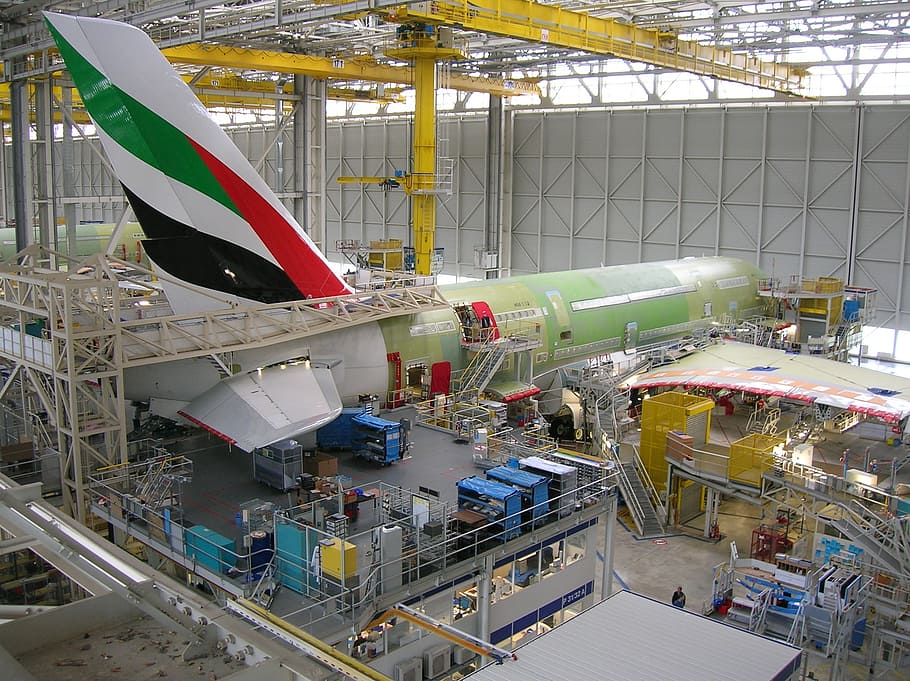 green, white, airliner, inside, building, airbus, production, completion, aircraft, assemble