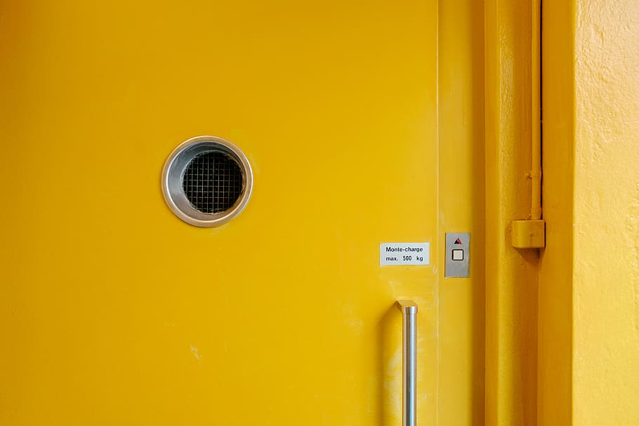 amarelo, armário, cinza, manusear, porta, buraco, parede, ninguém, geração de combustível e energia, dia