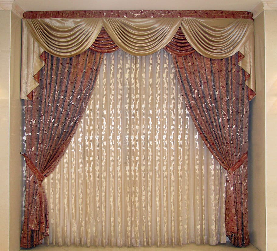 red, brown, foliage window curtain, inside, room, curtains, drapes, window, checks, indoors