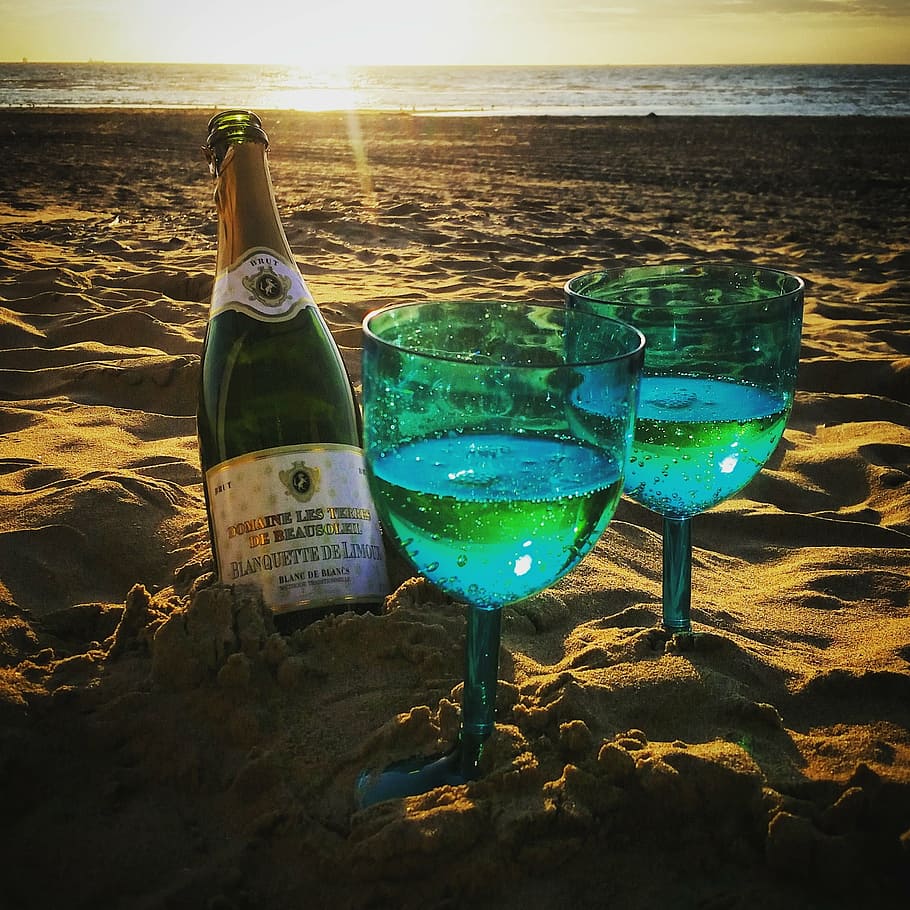 beach, katwijk, north sea, champagne, alcohol, sunset, romantic, for two, sea, land