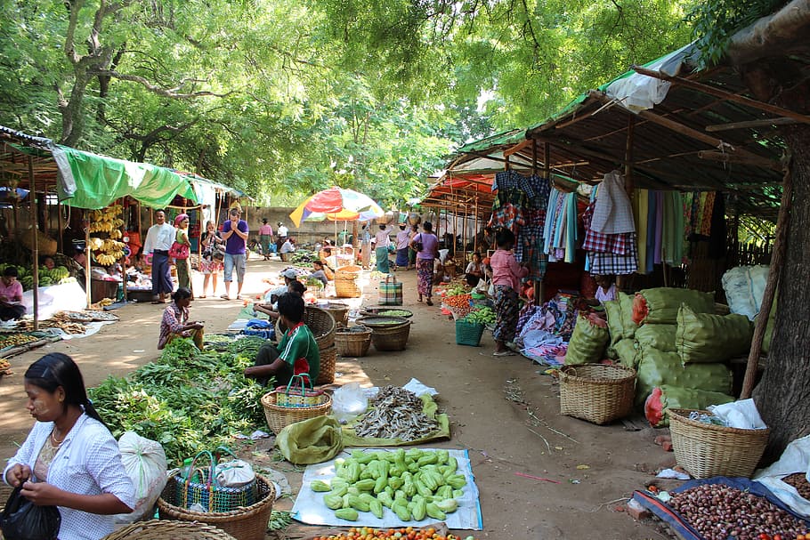 Bagan, humano, puesto en el mercado, mercado, myanmar, birmania, asia, personas, venta, culturas