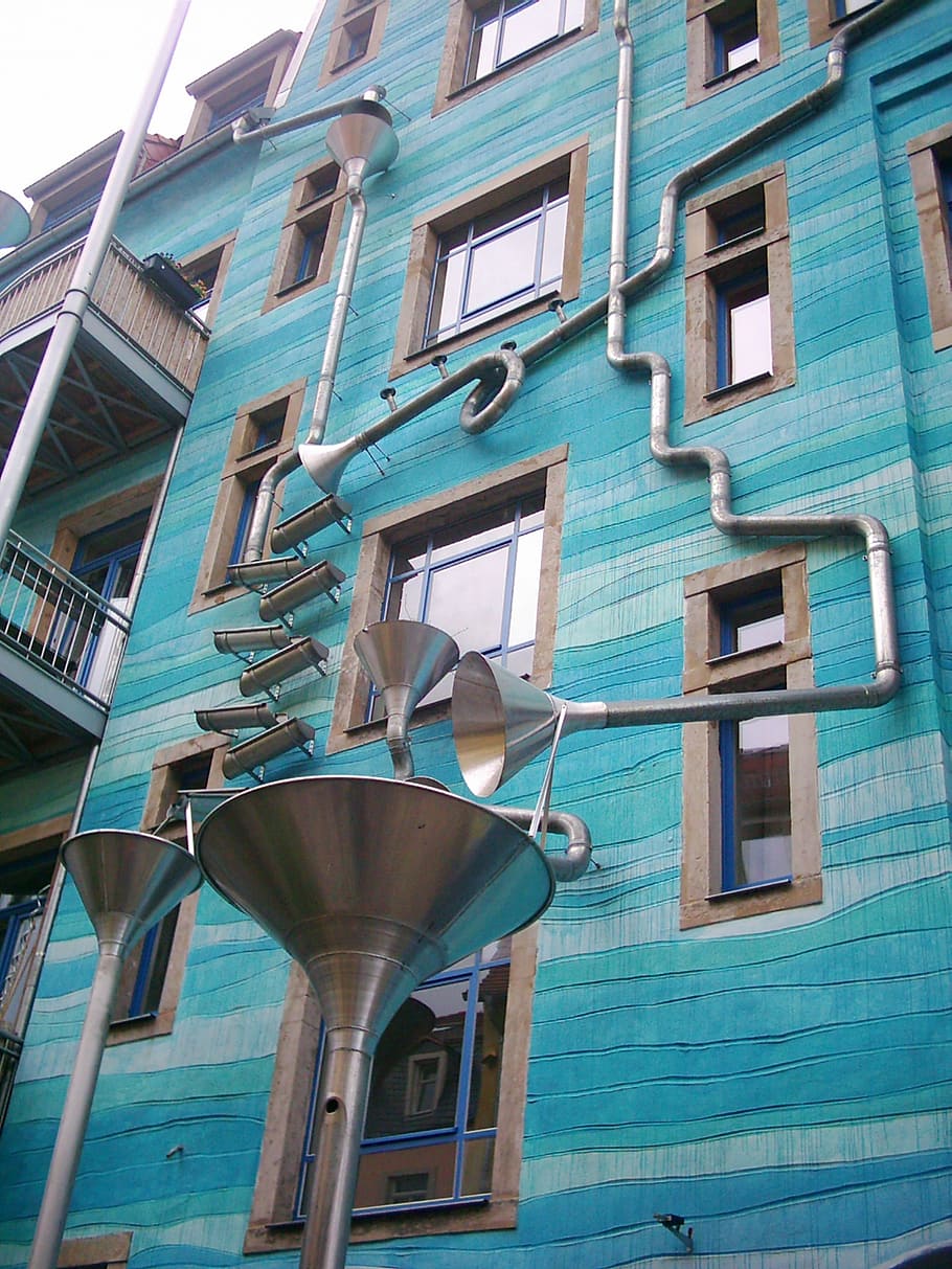 facade, facade art, rain gutters, rain water game, art, architecture, blue, the elements of justice, dresden, neustadt