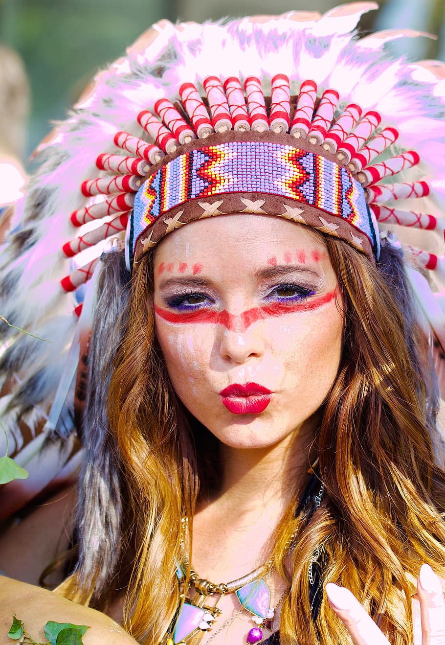 woman, native, american costume, makeup, human, street parade, portrait, indians, spring jewelry, cultures