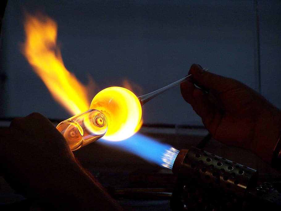 glass blower, glass, glass blowing, craft, hot, glow, flame, glowing, melted, hand