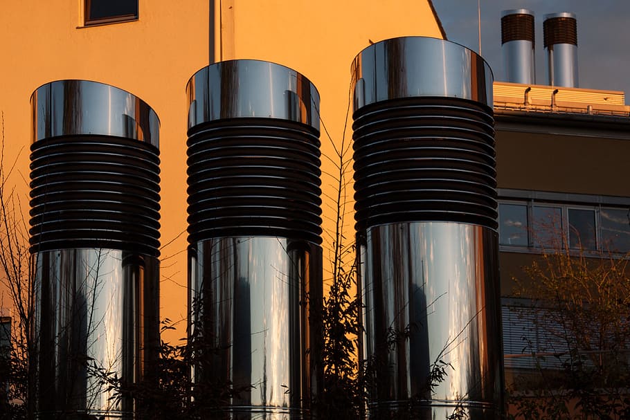 three, stainless, steel stilos, brown, concrete, building, vent, fireplaces, metal, ventilation ducts