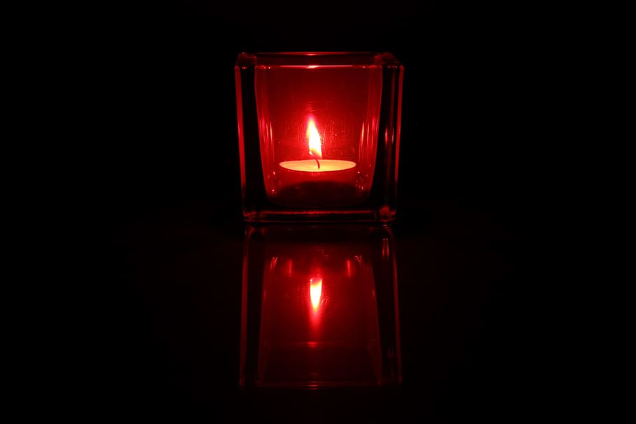red, tealight candle, inside, case, Tealight, Candle, Light, Candlelight, reflexes, flame
