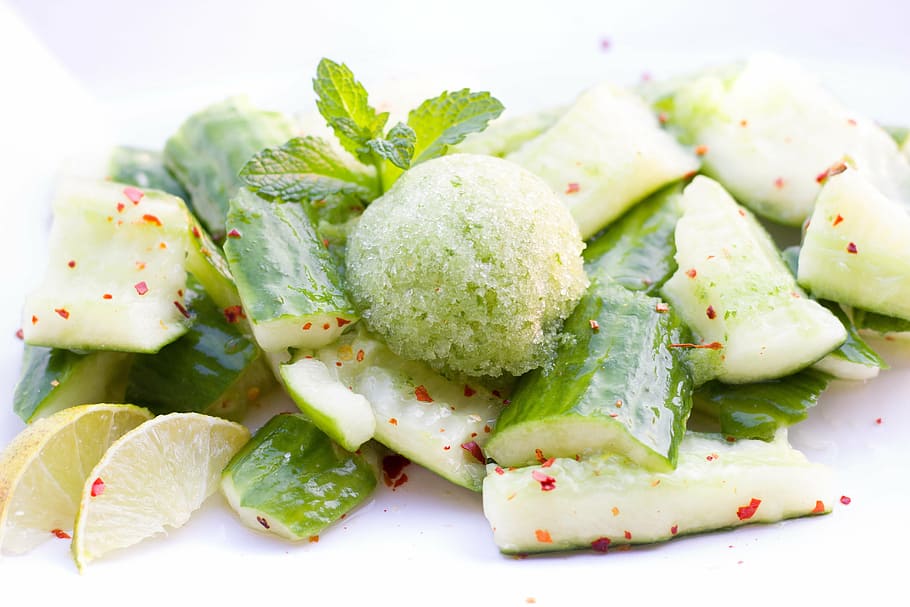 close-up photo, sliced, vegetable lot, cucumber, cucumber salad, salad, chili, ice, mint, green