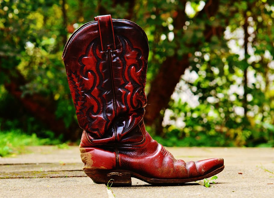 cowboy boots, leather, 80s, retro, boots, old, leather boots, shoes, shoe, focus on foreground