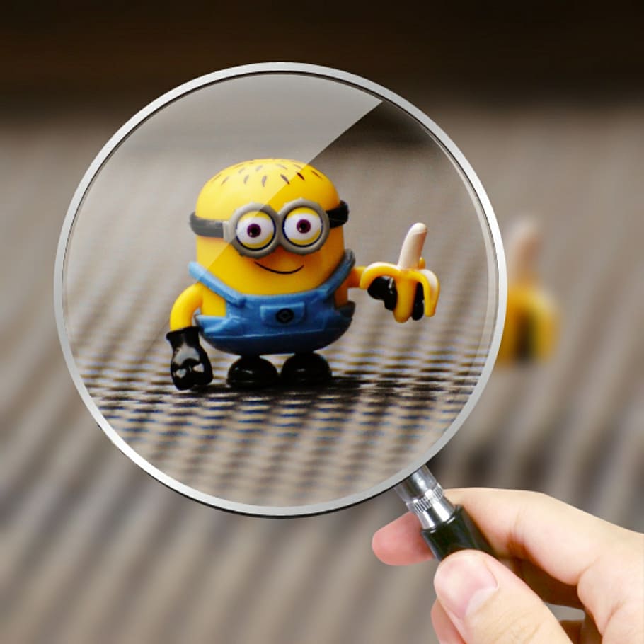 despicable, character, holding, banana figurine, minion, funny, magnifying glass, toys, children, figure