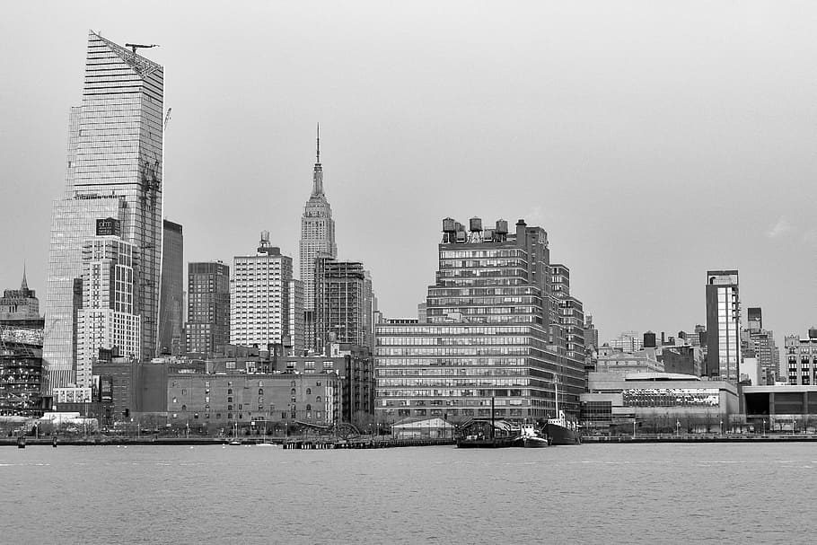 foto en escala de grises, citysape, nueva york, manhattan, horizonte de la ciudad de nueva york, paisaje urbano, horizonte, urbano, arquitectura, edificio