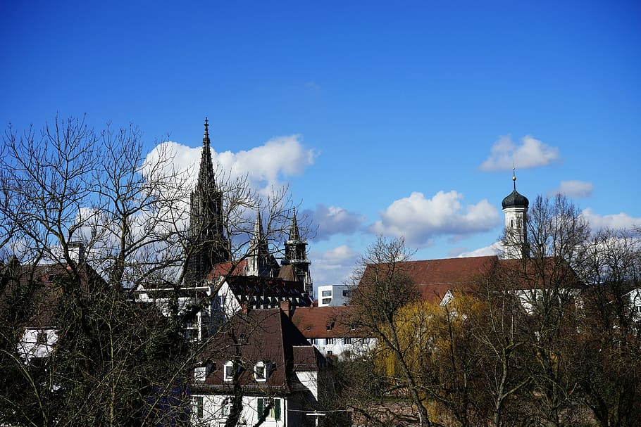 Ulm Cathedral, Cathedral, City, City View, Steeple, ulm, sky, roofs, sun act, city panorama, spire