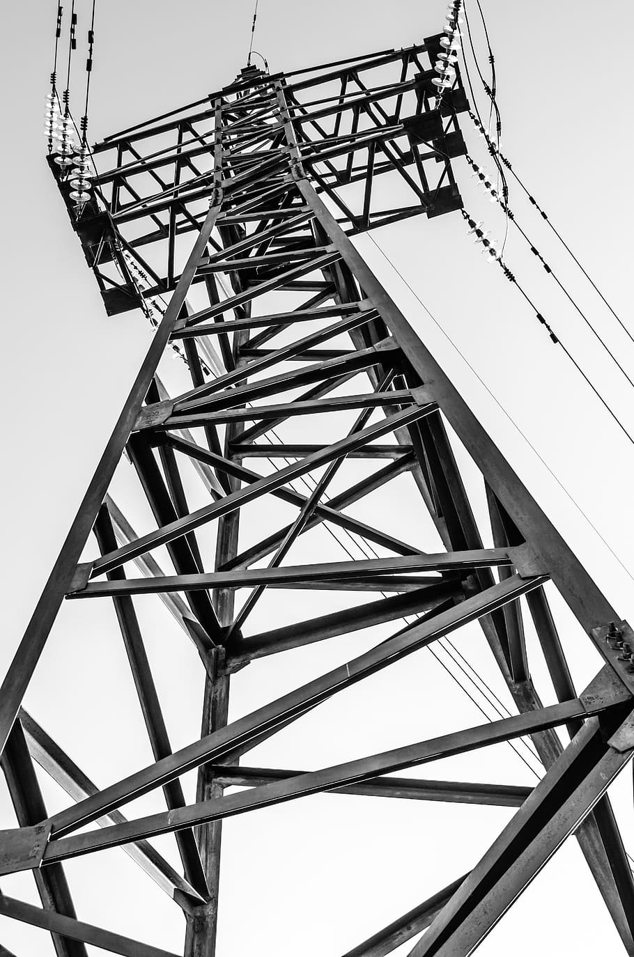 derrick, electricity, cable, high-voltage tower, energy, sky, black and white, low angle view, metal, built structure