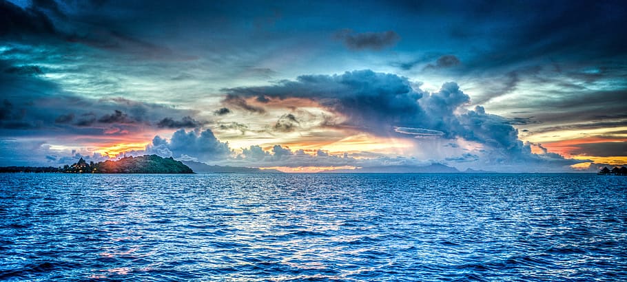 놀라운, 푸른, 대양, 구름 hdr 사진, 보라 보라, 프랑스 령 폴리네시아, 일몰, 태평양, 타히티, 열대