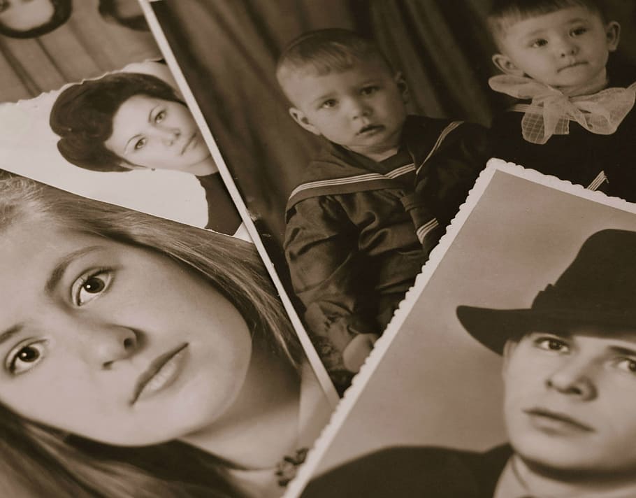 grayscale photo, toddler, boy, woman, retro, photo album, memory, family, generation, past