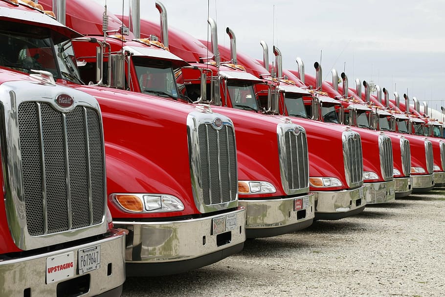red, semi trucks, white, sky, trucks, peterbuilt, vehicle, red trucks, transportation, mode of transport