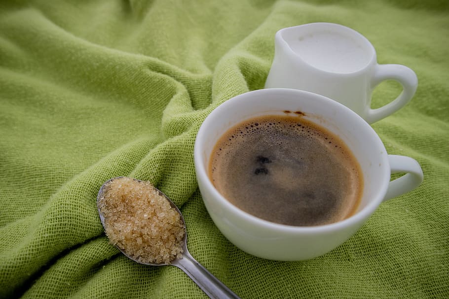 coffee, sugar, green cloth, fresh milk, food, beverage, cups of coffee, sweet, black coffee, coffee shop