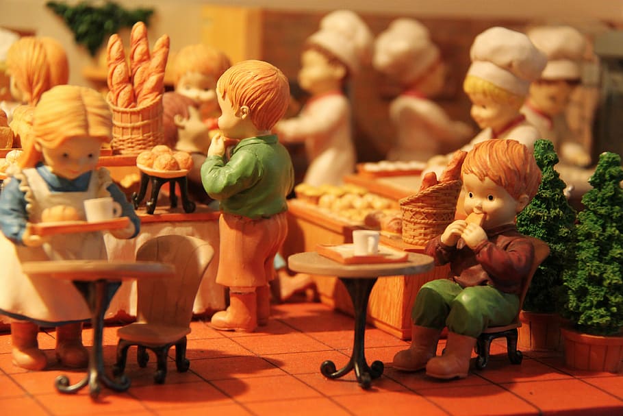 precious moments figurine, cute, interesting, city, miniature bakery masterpiece, bakery, miniature, bread, café, osaka