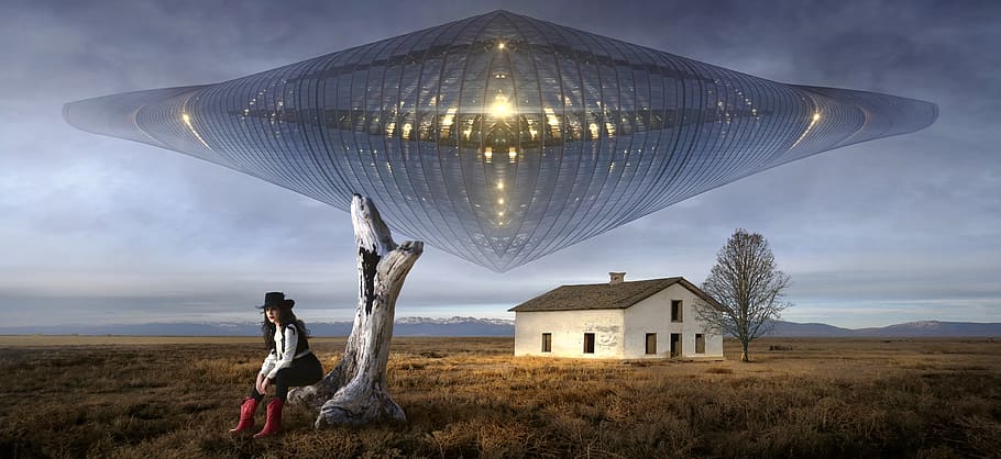fantasy, ufo, house, tree, woman, cowgirl, steppe, spaceship, science fiction, surreal