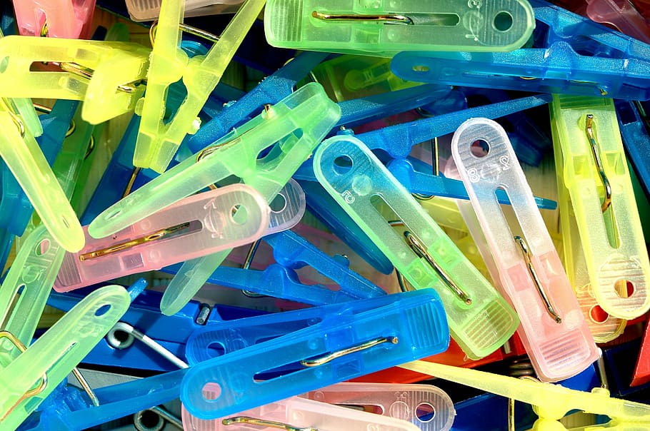 Paper Clips, Wash, Plastic, washing, hanging, clasp, green, blue, yellow, pink