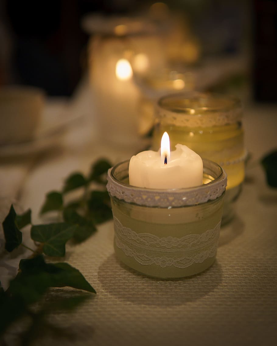 white, votive, candle, clear, glass holder, candlelight, light, wedding, romantic, celebration