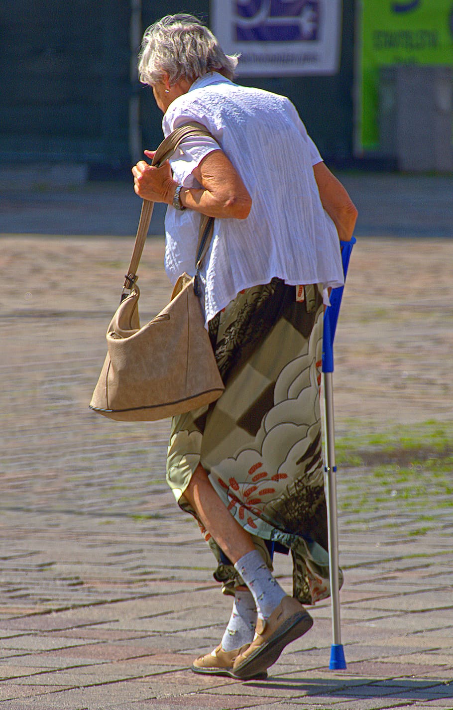woman, seniorin, disabled, crutch, walking stick, walker, old, run, movement, walk