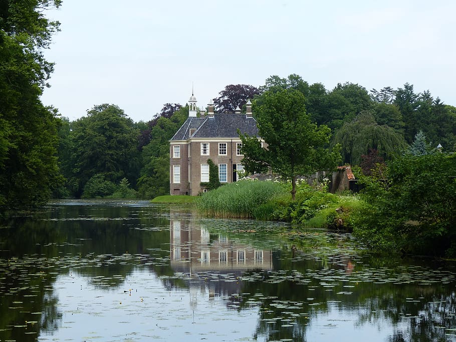 manor mount, dalfsen, estate, castle, outdoor place, nature, pond, building, water, mirror