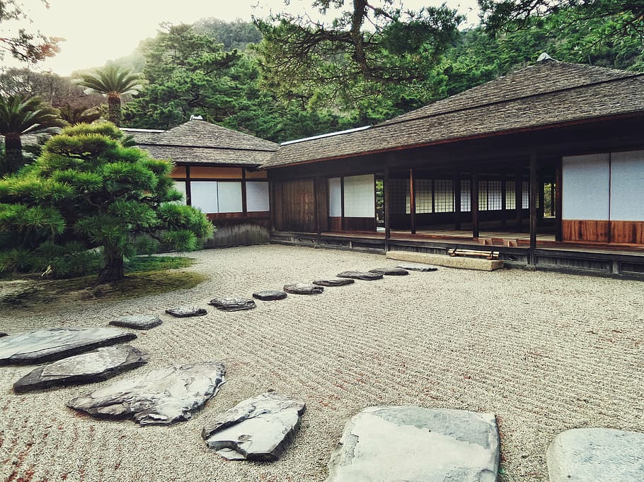 view, oriental, house, tree, japanese, garden, stones, path, way, traditional