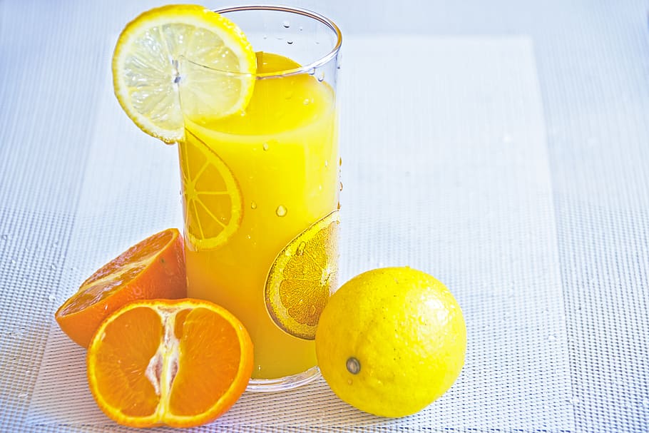 lemon, juice, beverage, fresh, summer, orange, fruits, yellow, mat, table