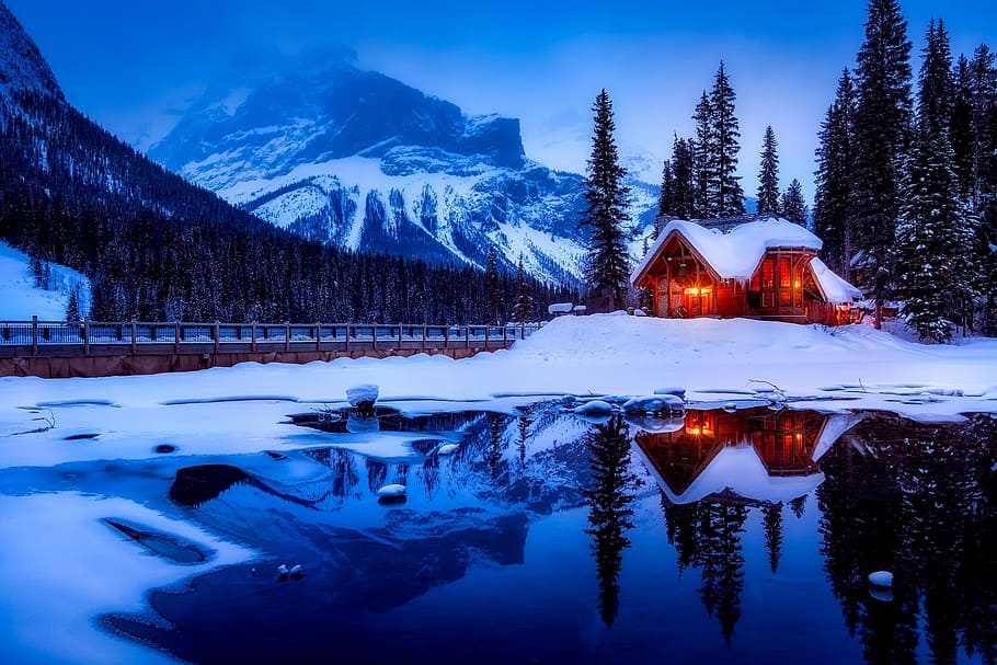 montanha, pintura de casa, Canadá, pôr do sol, crepúsculo, cabana, lago, água, reflexões, luzes