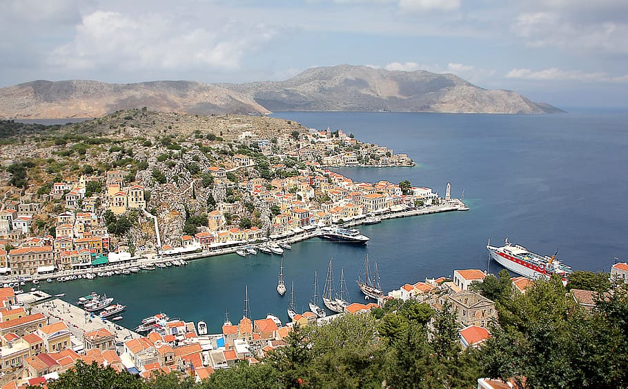 Grecia, Symi, isla, mar, Dodecaneso, puerto, barcos, ferry, azul, mar azul