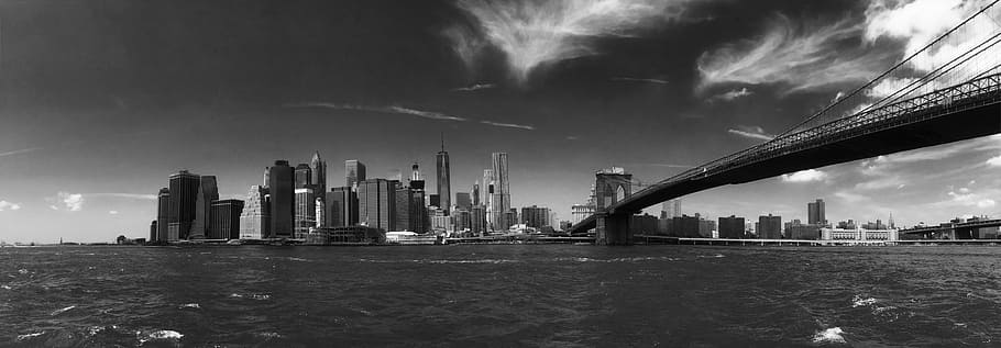 foto grayscale new york city, new york, manhattan, brooklyn, city, hitam dan putih, jembatan, klasik, New York City, urban Skyline