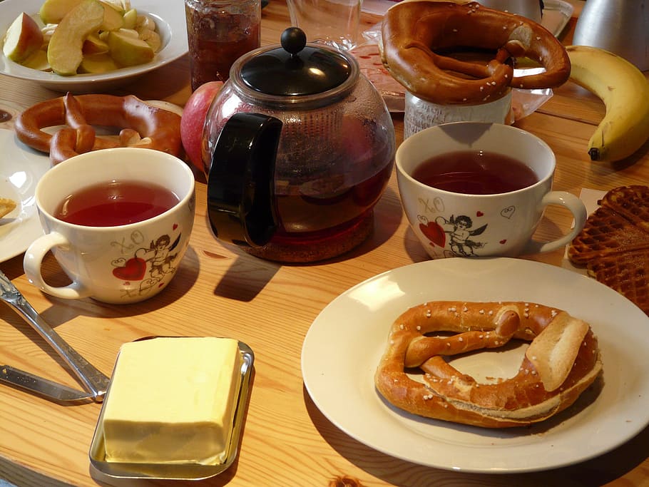 baked, bread, white, ceramic, plate, butter, cup, tea, breakfast, breakfast table