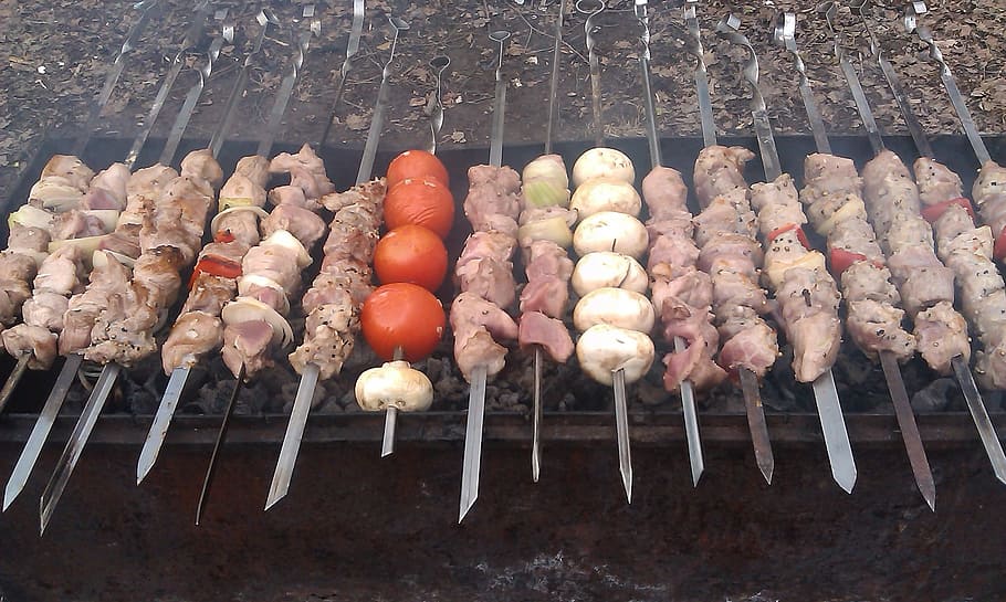 Piknik, kebab shish, mangga, tusuk sate, lezat, bbq, batubara, daging goreng, asap, daging